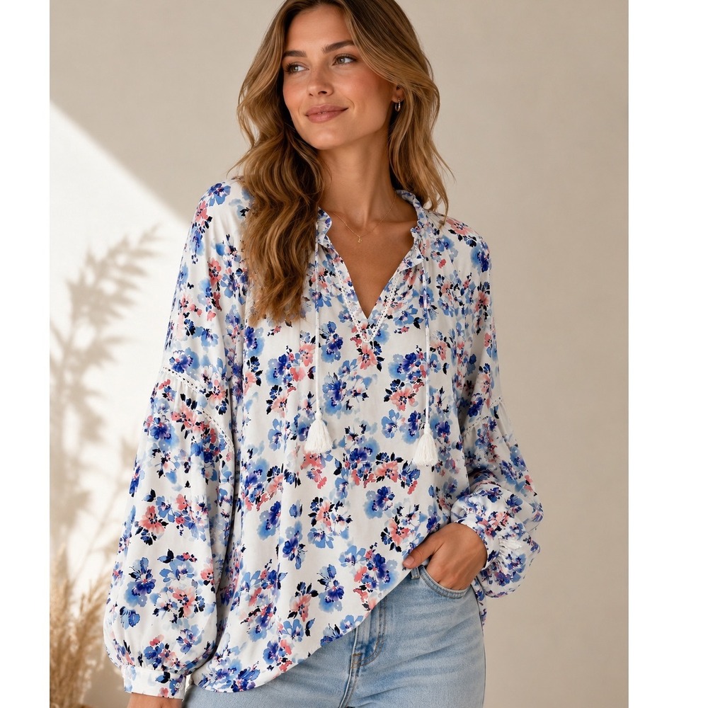 Lands' End XL Floral Boho Peasant Blouse Tassel Tie Tiered Balloon Sleeve Rayon